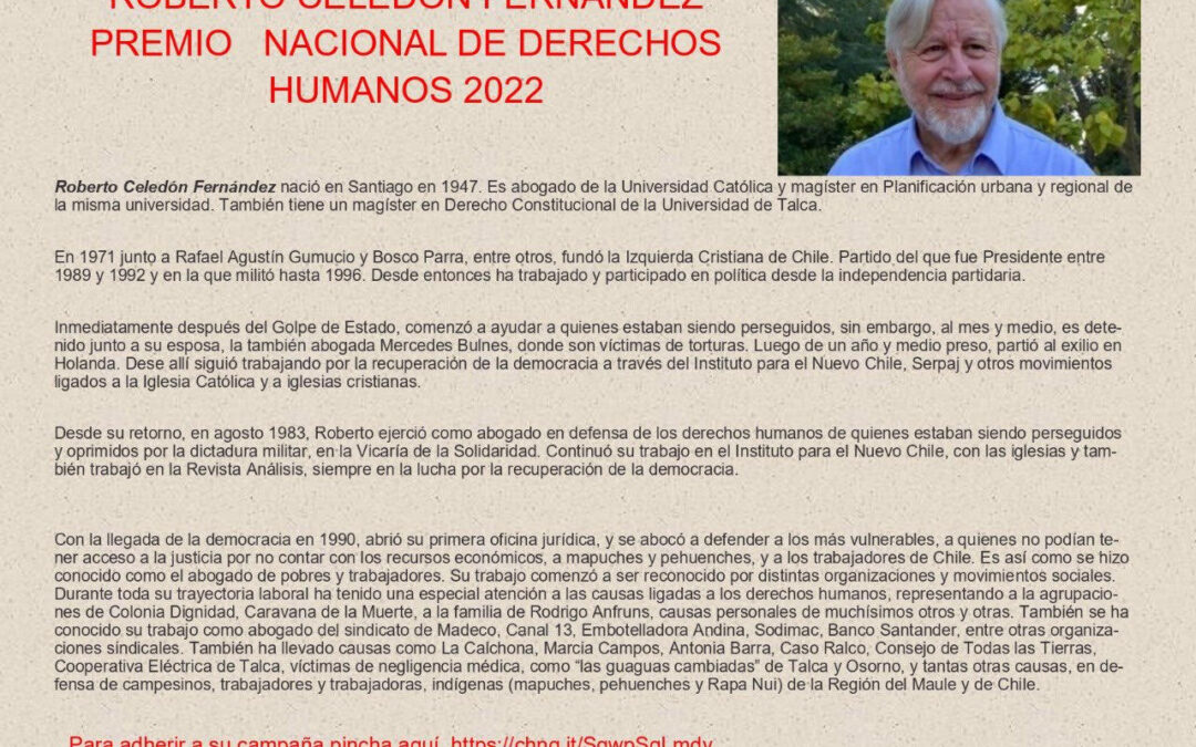 Roberto Celedón Fernández al premio nacional de derechos humanos 2022